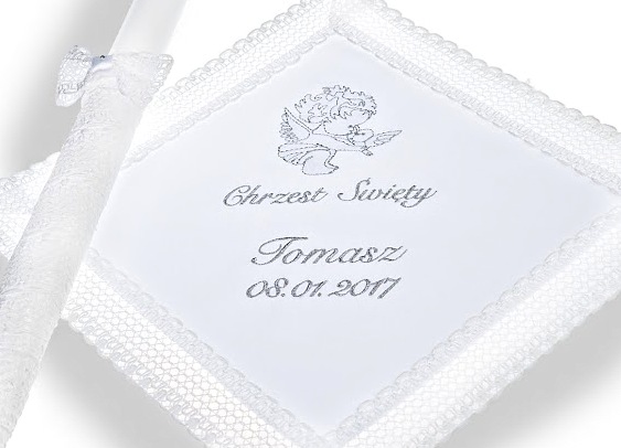 

Chrzest -Szatka i świeca do chrztu Krzyżmo Haft Ms