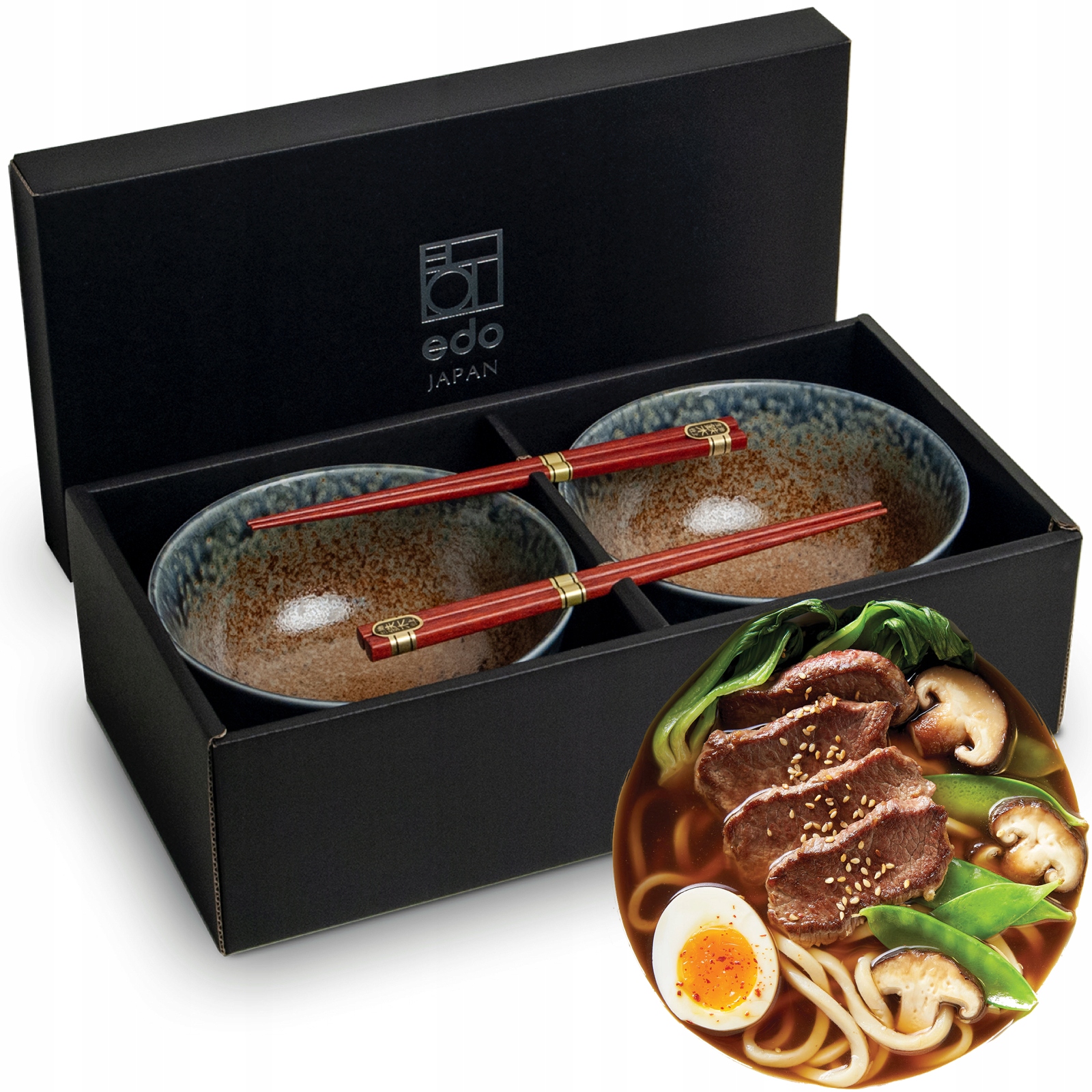 Sada keramiky hnědomodrých misek 17 cm na polévku Udon s paličkami Ki
