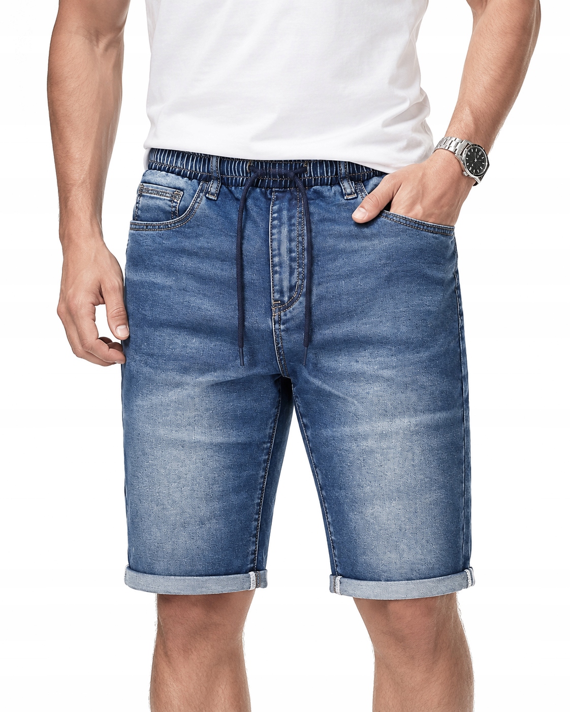 Krótkie Spodenki Męskie Jeansowe Szorty W Gumkę Jeansy Letnie Podwijane W41