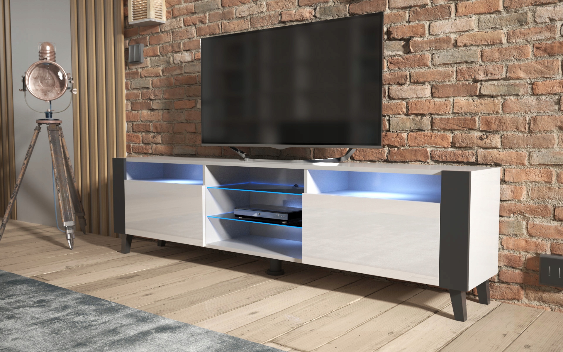 Komoda półka Szafka RTV 200cm biały + połysk + LED Kolekcja LOFT