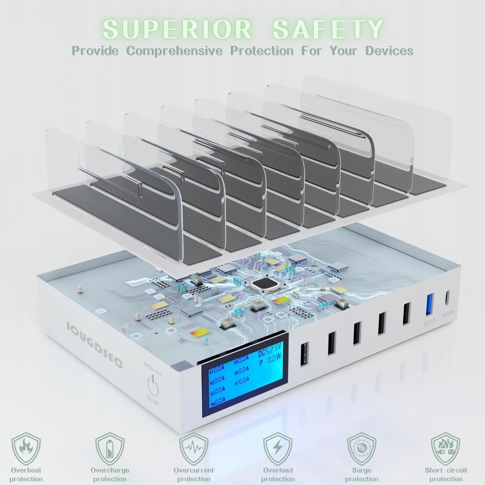 Stacja ładująca z przełącznikiem, szybka ładowarka QC3.0, 7 portów USB — miniatura 3