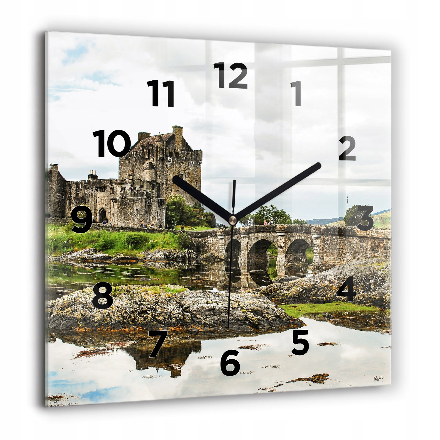Stylové skleněné hodiny do obývacího pokoje jako Dárek Zámek Eilean Donan Skotsko 60x60