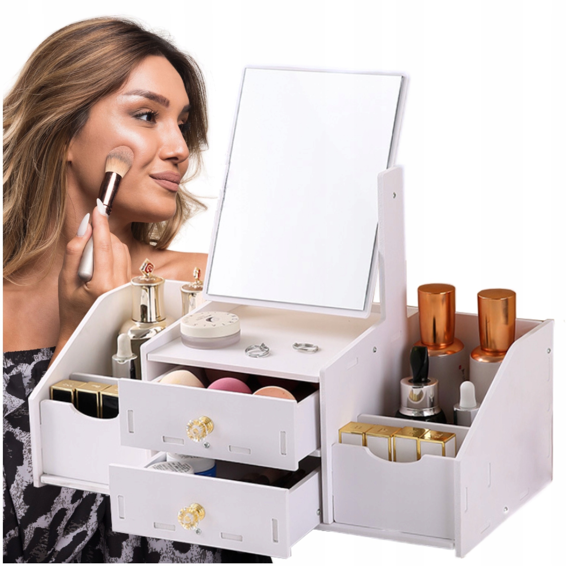 Toaletní Stolek pro mládež, organizér s obdélníkovým zrcadlem na šperky, kosmetika