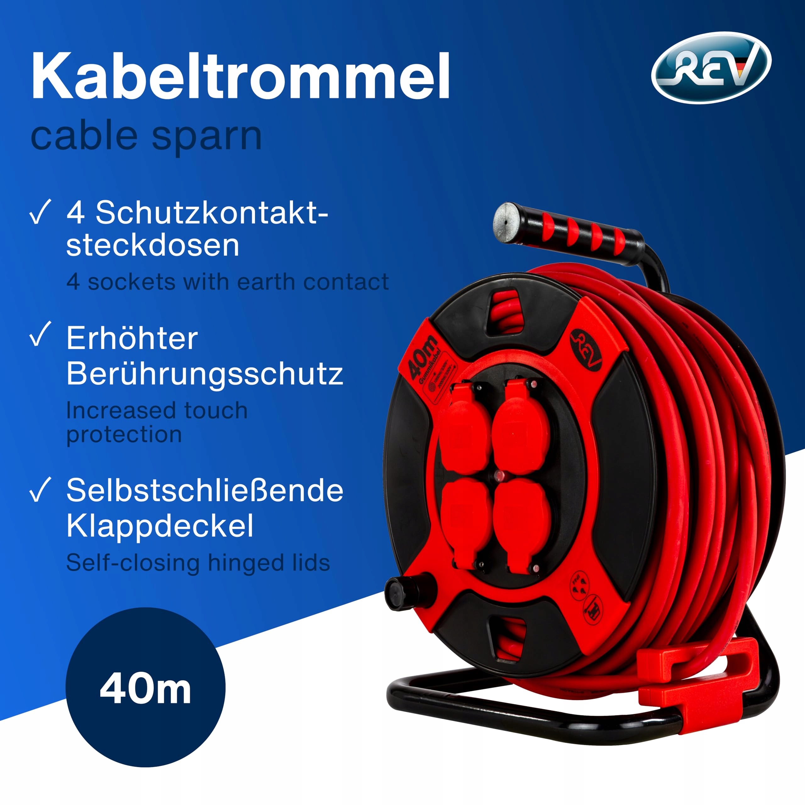 REV Kabel Bębnowy 40m H07RN IP44 3000W Przedłużacz 4 Gniazda — miniatura 2