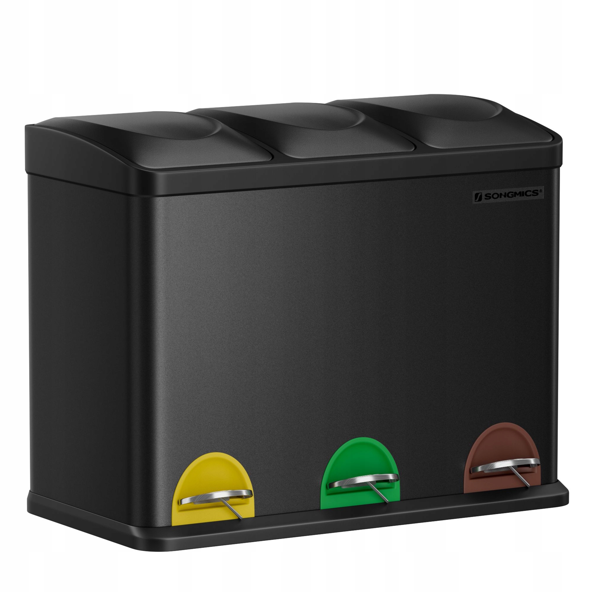 Levně Černý odpadkový koš z z nerezové oceli, vyjímatelné 3 komory x 15 l