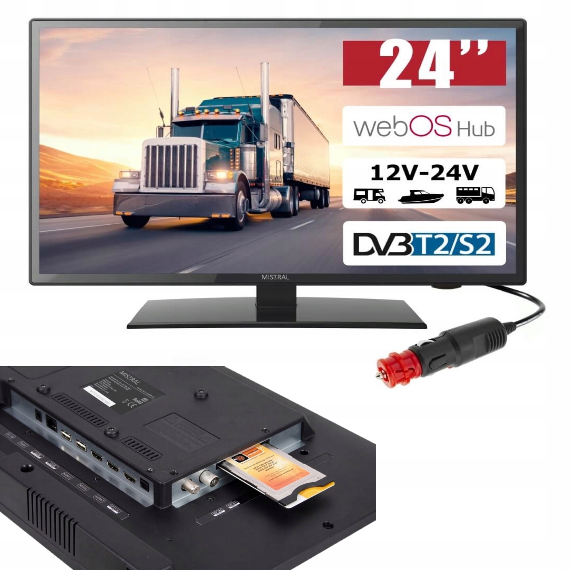 Telewizor Samochodowy 12V 24V 24'' Smart Tuner Tv Hdmi Full Hd Turystyczny