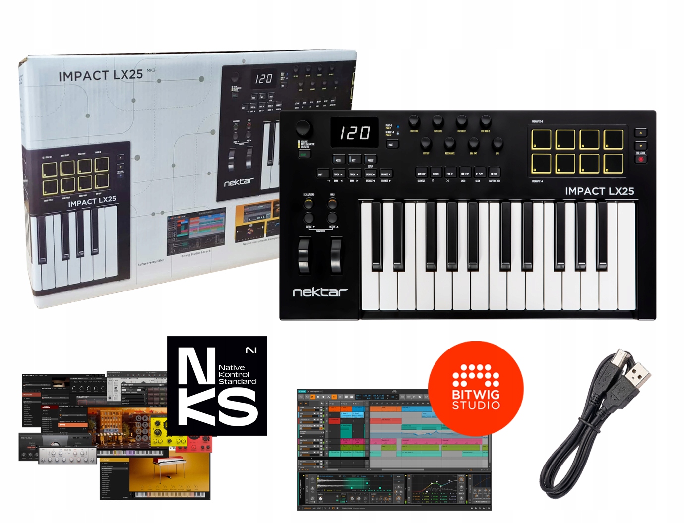Nektar Impact LX25 MK3 Usb ovládací klávesnice Bitwig Komplete Select