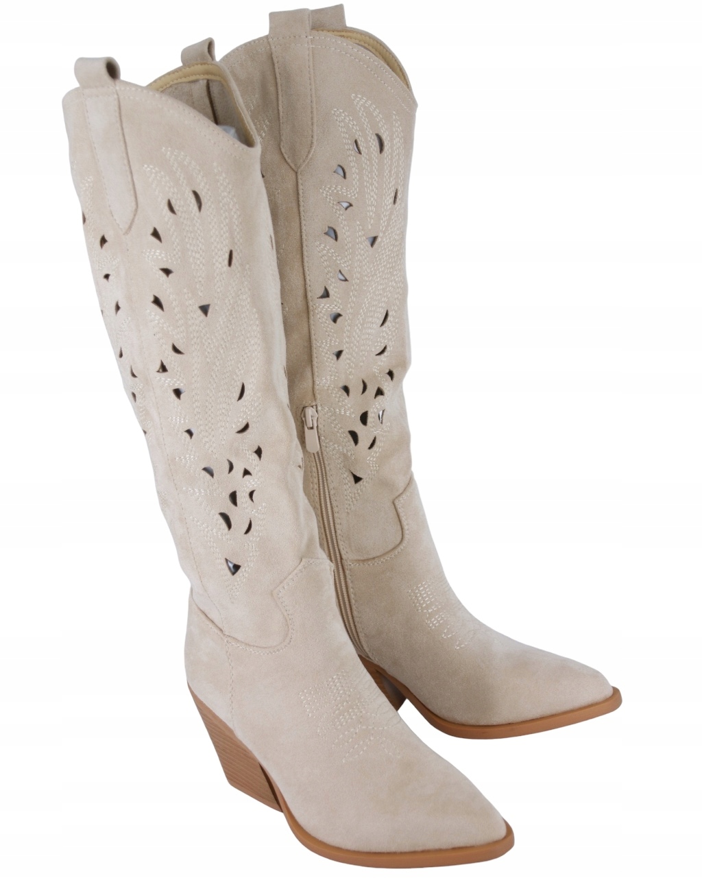 DŁUGIE KOWBOJKI AŻUROWE DAMSKIE KOZAKI Z ZAMSZU BEŻOWE 38