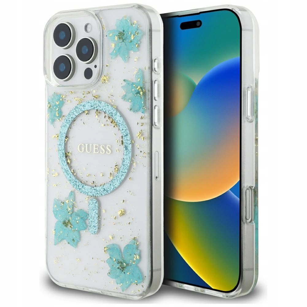 Pouzdro Guess Resin Flowers Glitter MagSafe pro iPhone 16 Pro tyrkysové