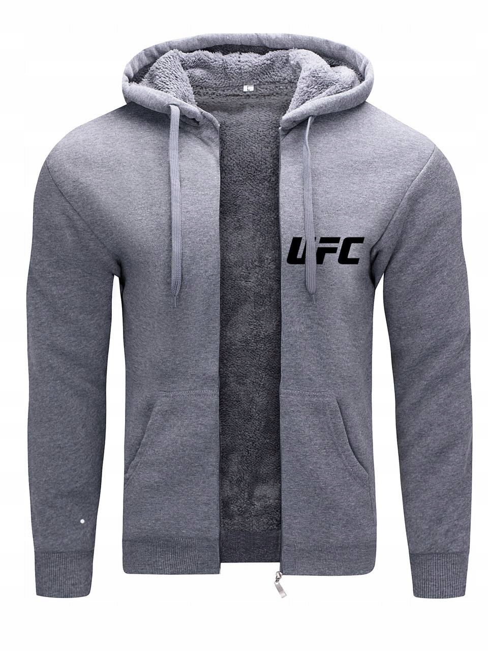 Teplá Mikina Pánská Zateplená S Kapucí A Kožešinou Ufc Šedá L