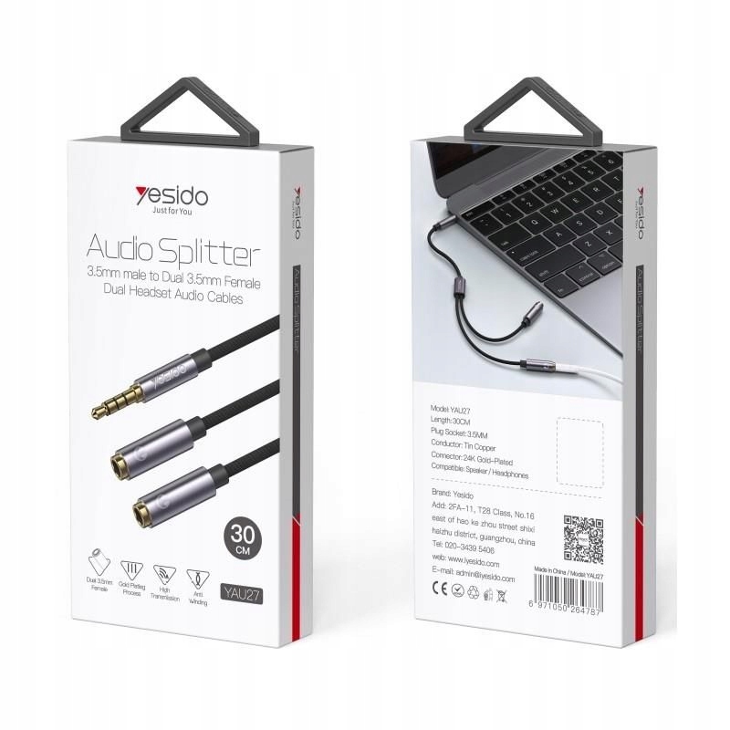 Yesido Kabel Audio YAU27 3.5mm Aux Male - 2x 3.5mm Aux Female 30cm BLACK Kod producenta 6971050264787