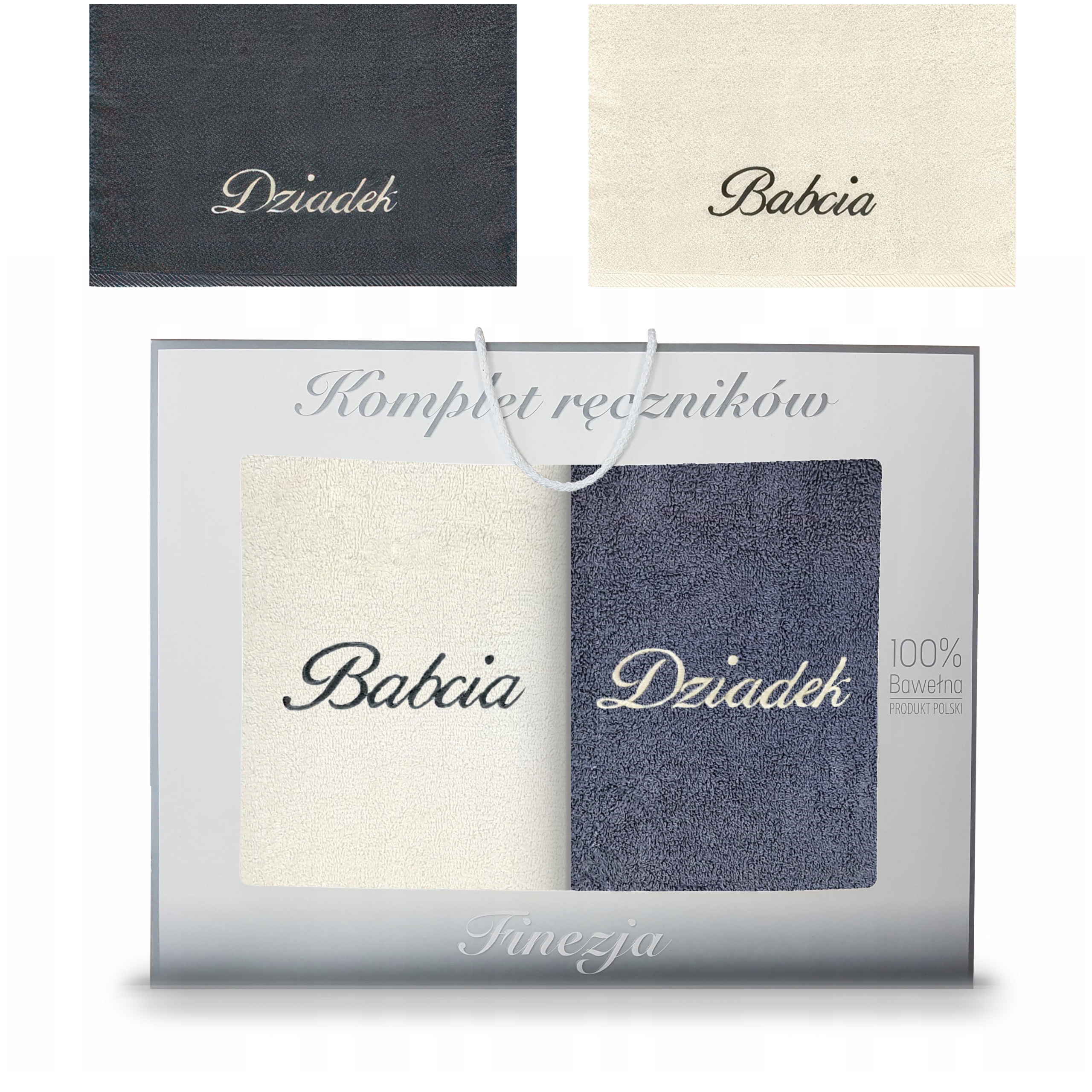 KOMPLET RĘCZNIKÓW KĄPIELOWYCH ZESTAW NA DZIEŃ BABCI DZIADKA W PUDEŁKU HAFT