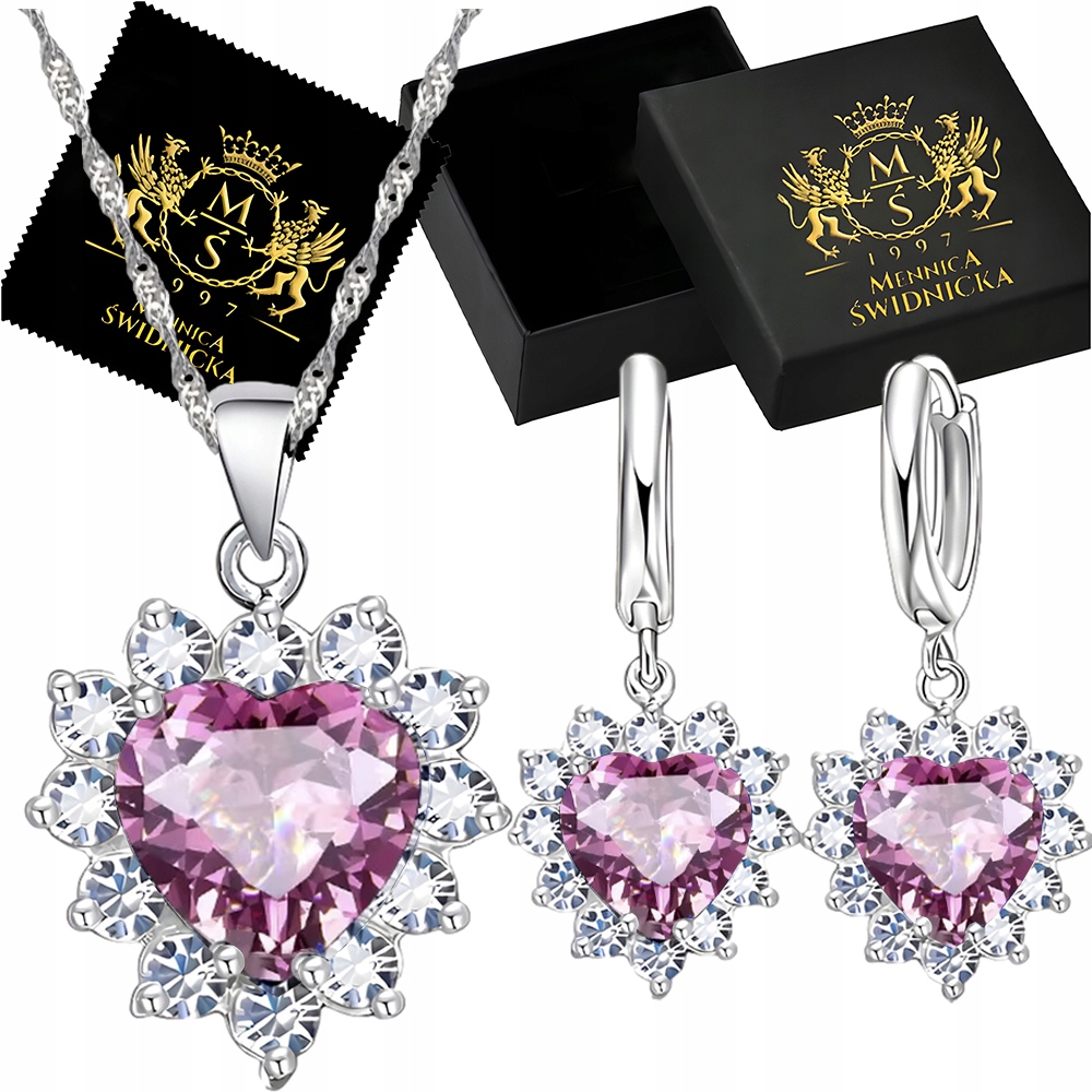 Stříbrný komplet 925 s růžovými zirkony Srdce Náušnice Závěsné Řetízek