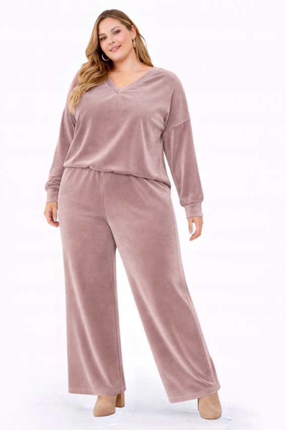 Velurový komplet Plus Size kalhoty široké nohavice halenka 48 50 4XL 5XL
