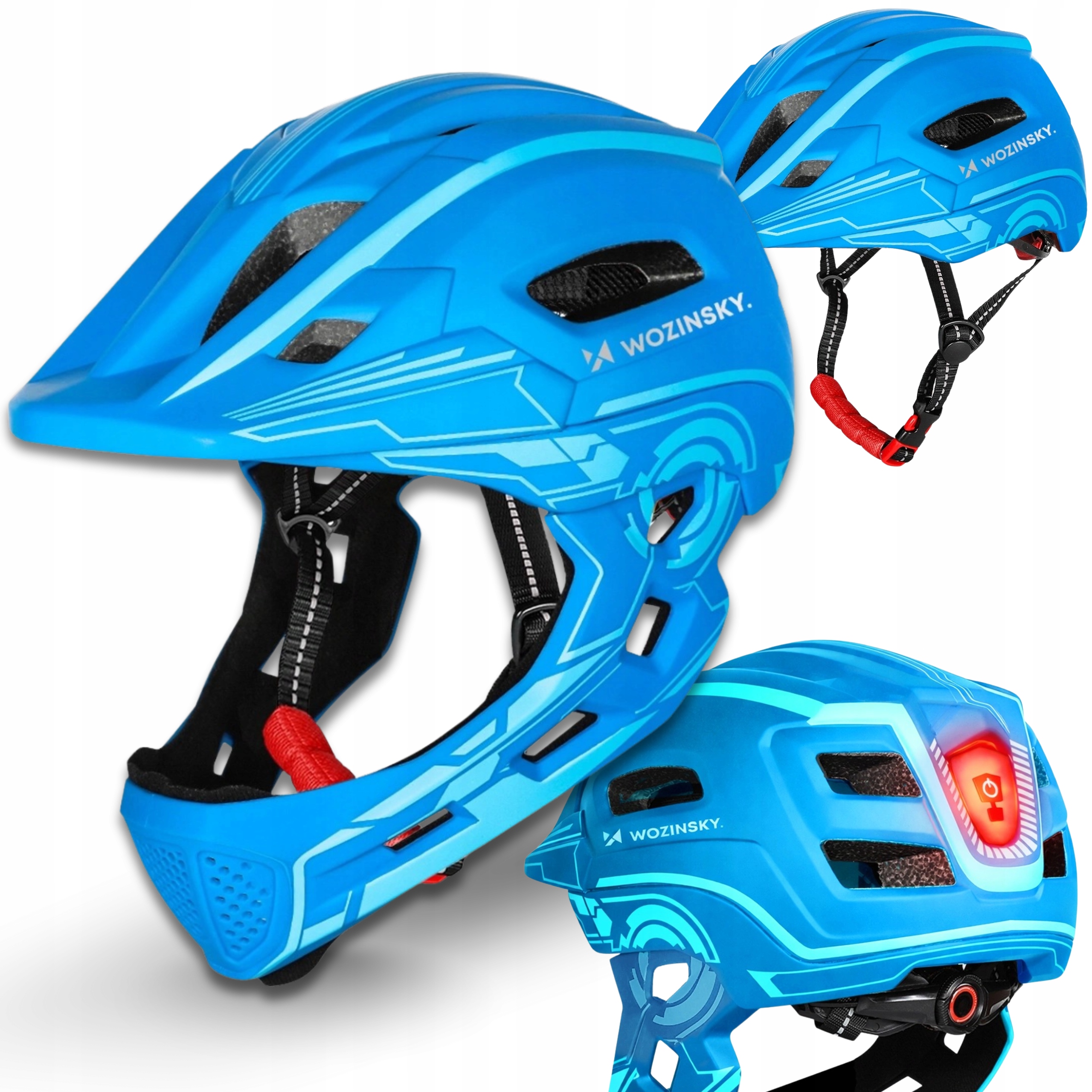 KASK ROWEROWY FULLFACE DZIECIĘCY Z TYLNĄ LAMPKĄ REGULOWANY LEKKI 52-56 cm