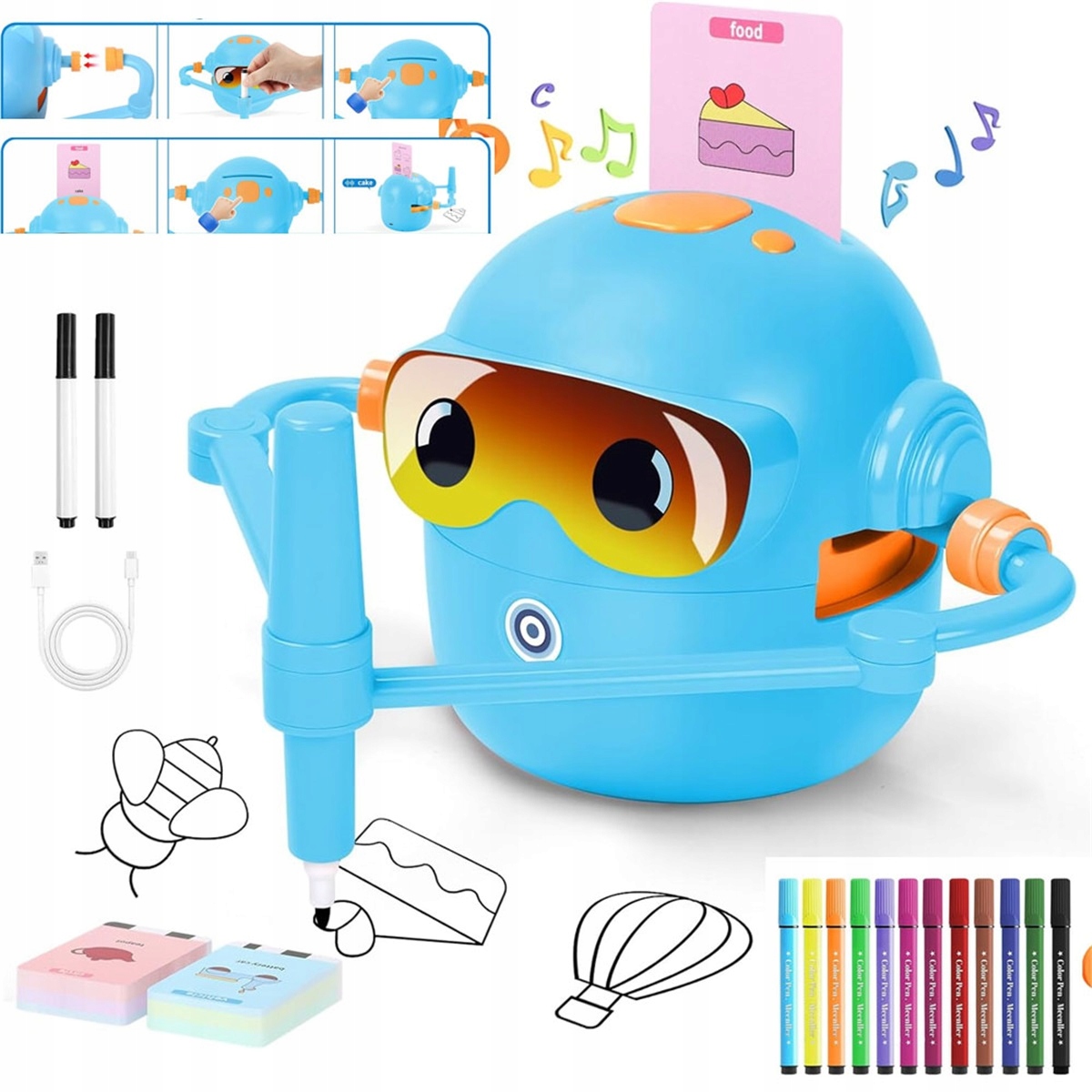 ROBOT RYSUJĄCY MONTESSORI Z MUZYKĄ 100 KART ZABAWKA KREATYWNA NIEBIESKI