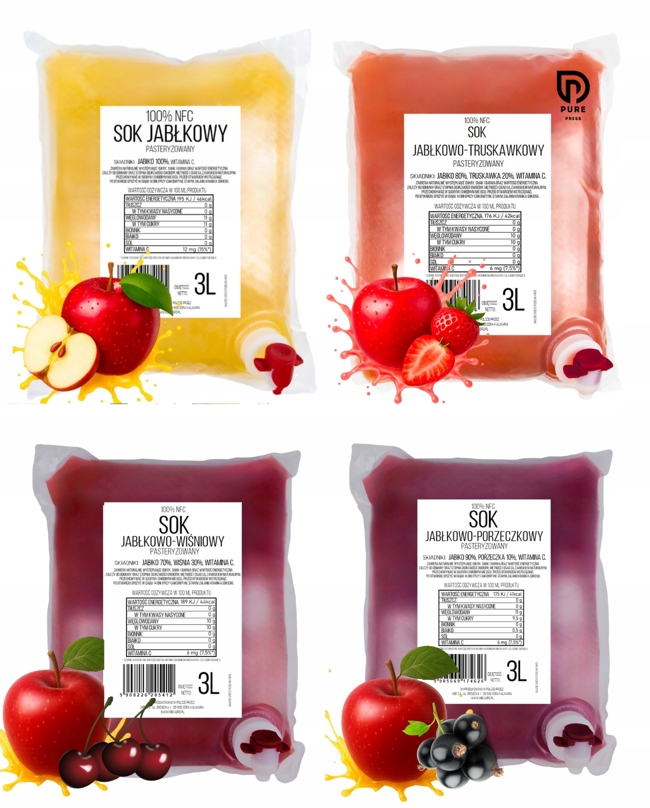 Levně Sok Jablko Jahoda Jablko Rybíz Jablko Višeň sáčky MIX 4 x 3 l