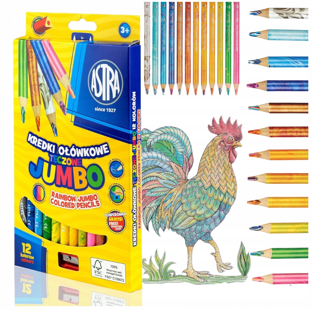 TĘCZOWE KREDKI OŁÓWKOWE GRUBE 12 KOLORÓW ASTRA