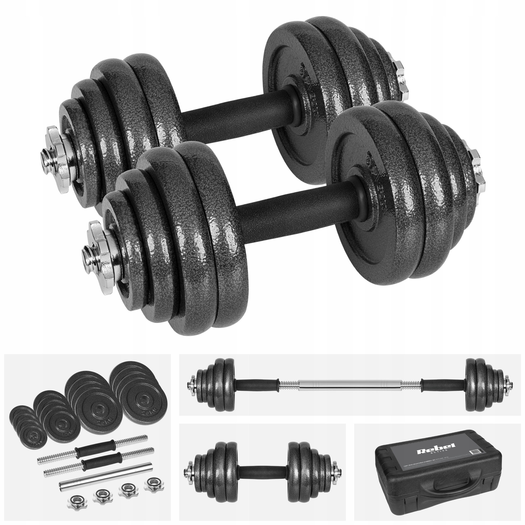 Hantle żeliwne regulowane w walizce z gryfem zestaw 30kg Rebel solidne