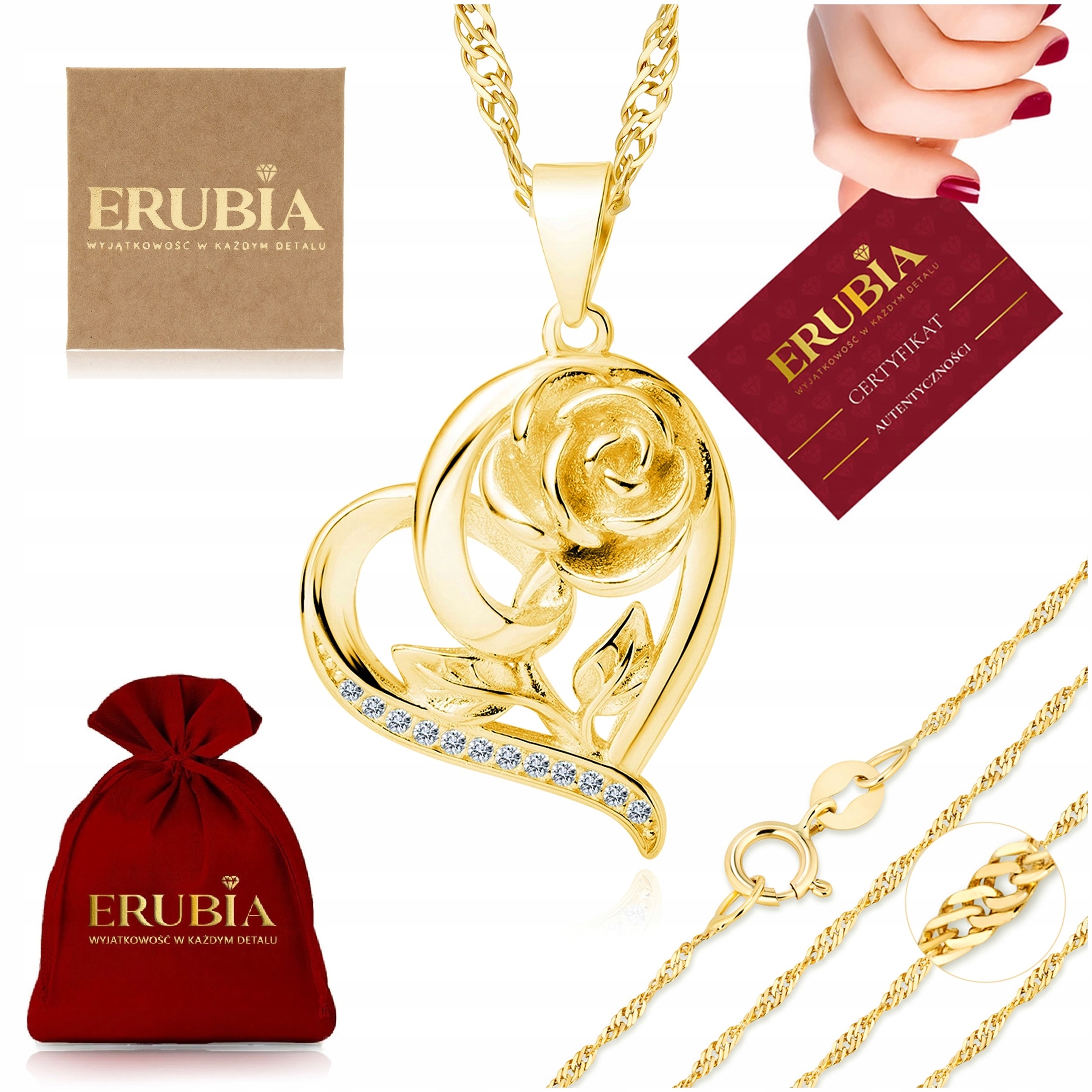 Zlatý Náhrdelník Srdce S Růží, Stříbro O Ryzosti 925, Řetízek Přívěsek 50 cm