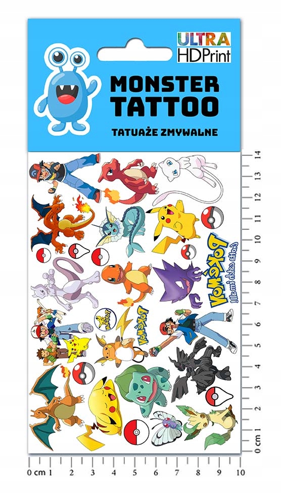 TATUAŻE TYMCZASOWE WODNE DLA DZIECI DZIECIĘCE POKEMON WZORY SUPER JAKOŚĆ Kolor dominujący wielokolorowy