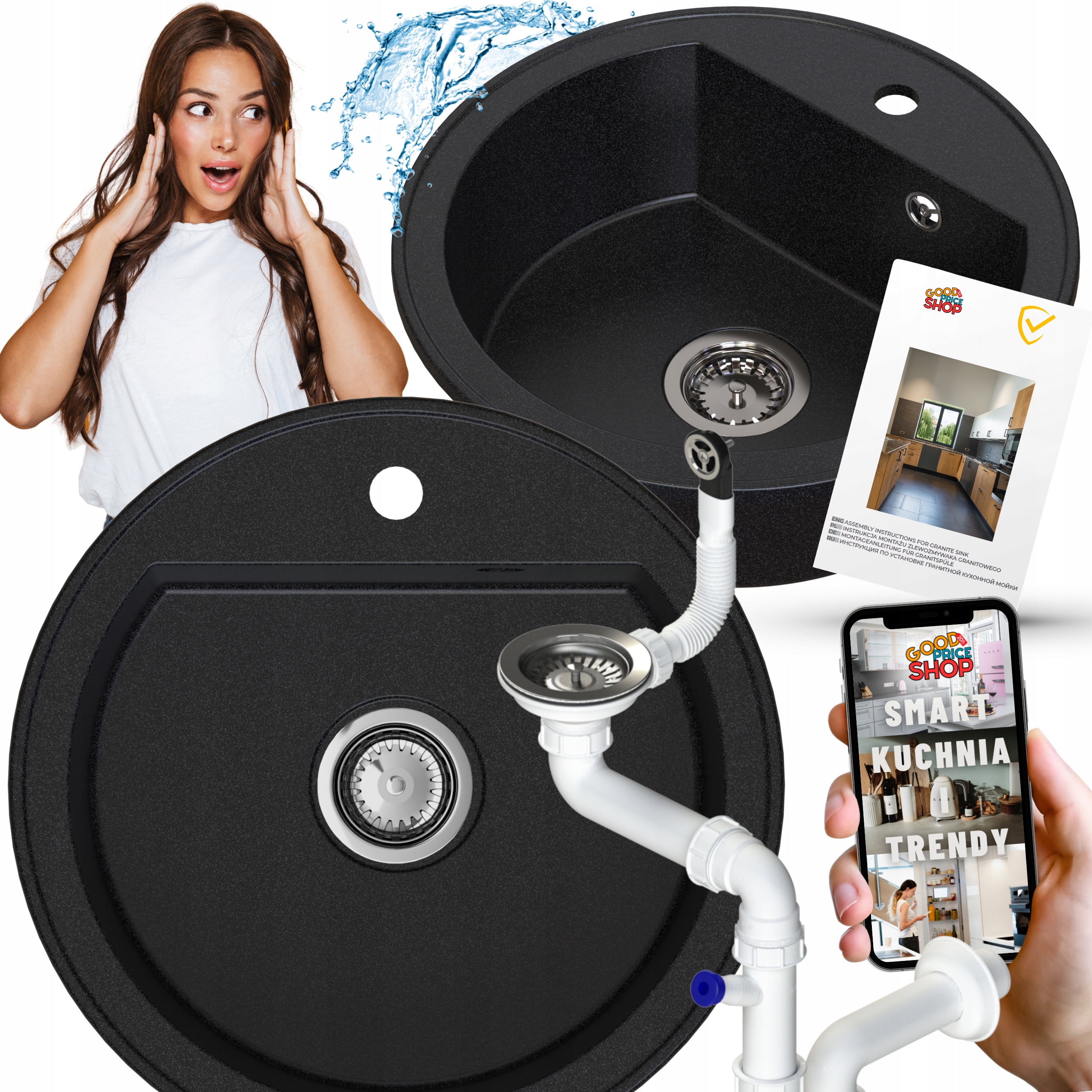 Dřez Dřez Jednokomorový Kulatý Granitový Černý Kropenatý Sifon