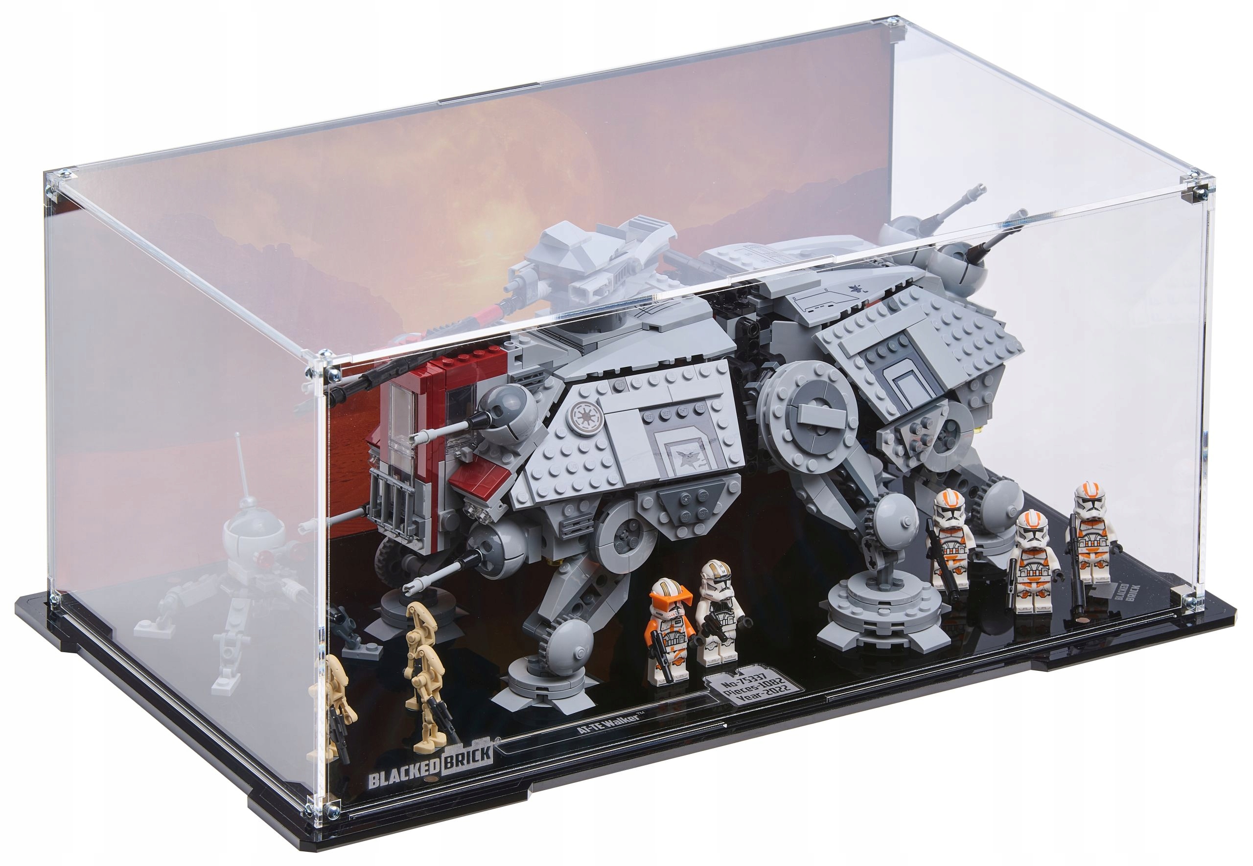 Vitrína s pozadím Blacked Brick pre Lego 75337 Star Wars kráčajúci stroj At-te