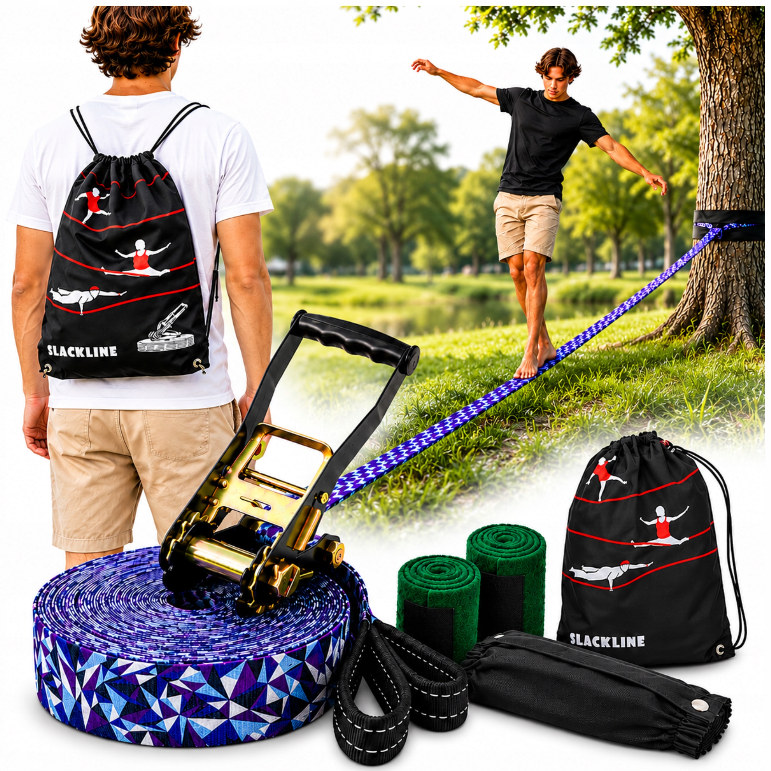 Slackline Chodící páska Lano pro rovnováhu 15 m Lanový park Příslušenství