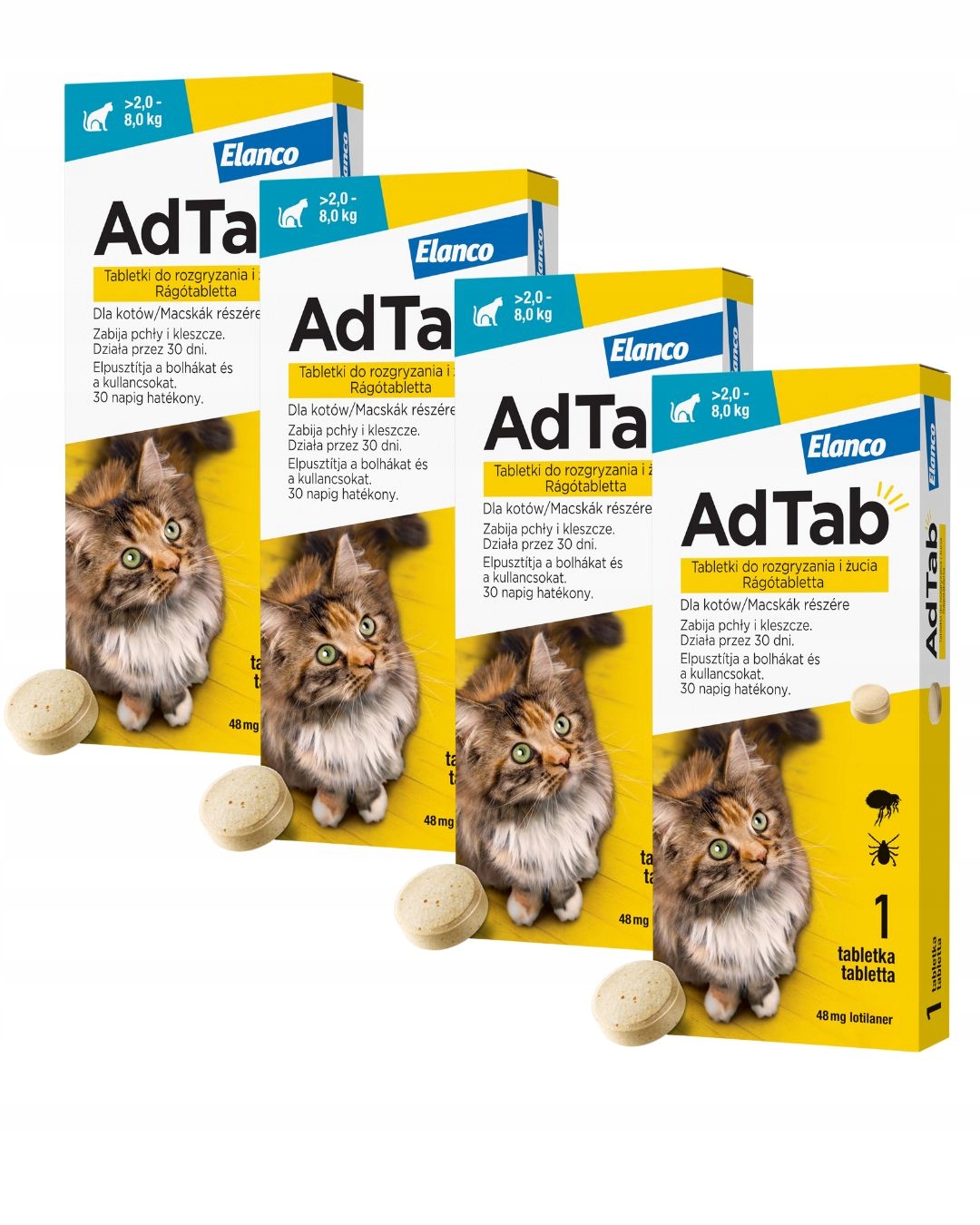 Adtab Tabletka dla kota 2-8kg na pasożyty do żucia i rozgryzania 4x48mg