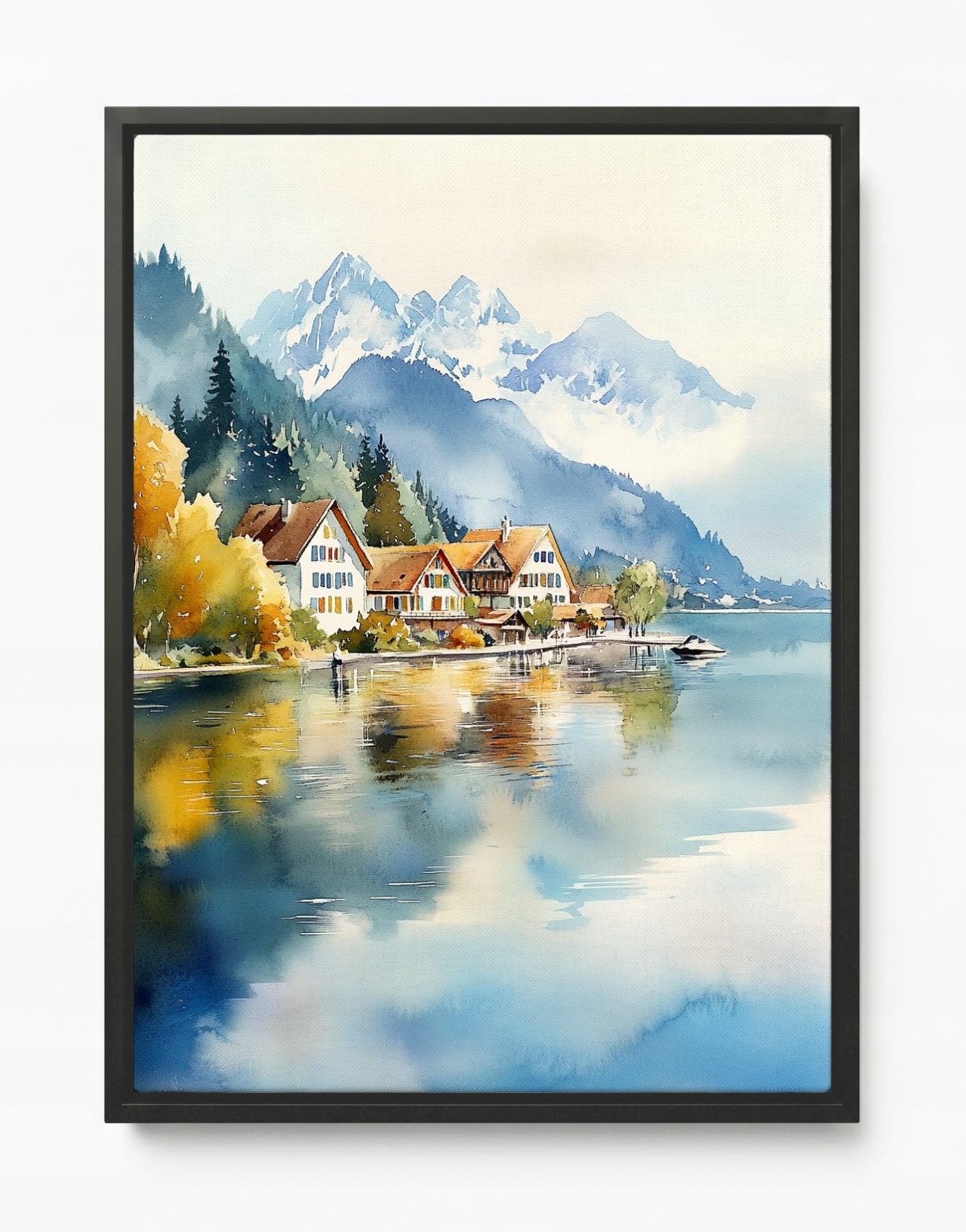 Obraz Rám Americký Box Krajina Podzim Hory Alpy Jezero Domky 60x80