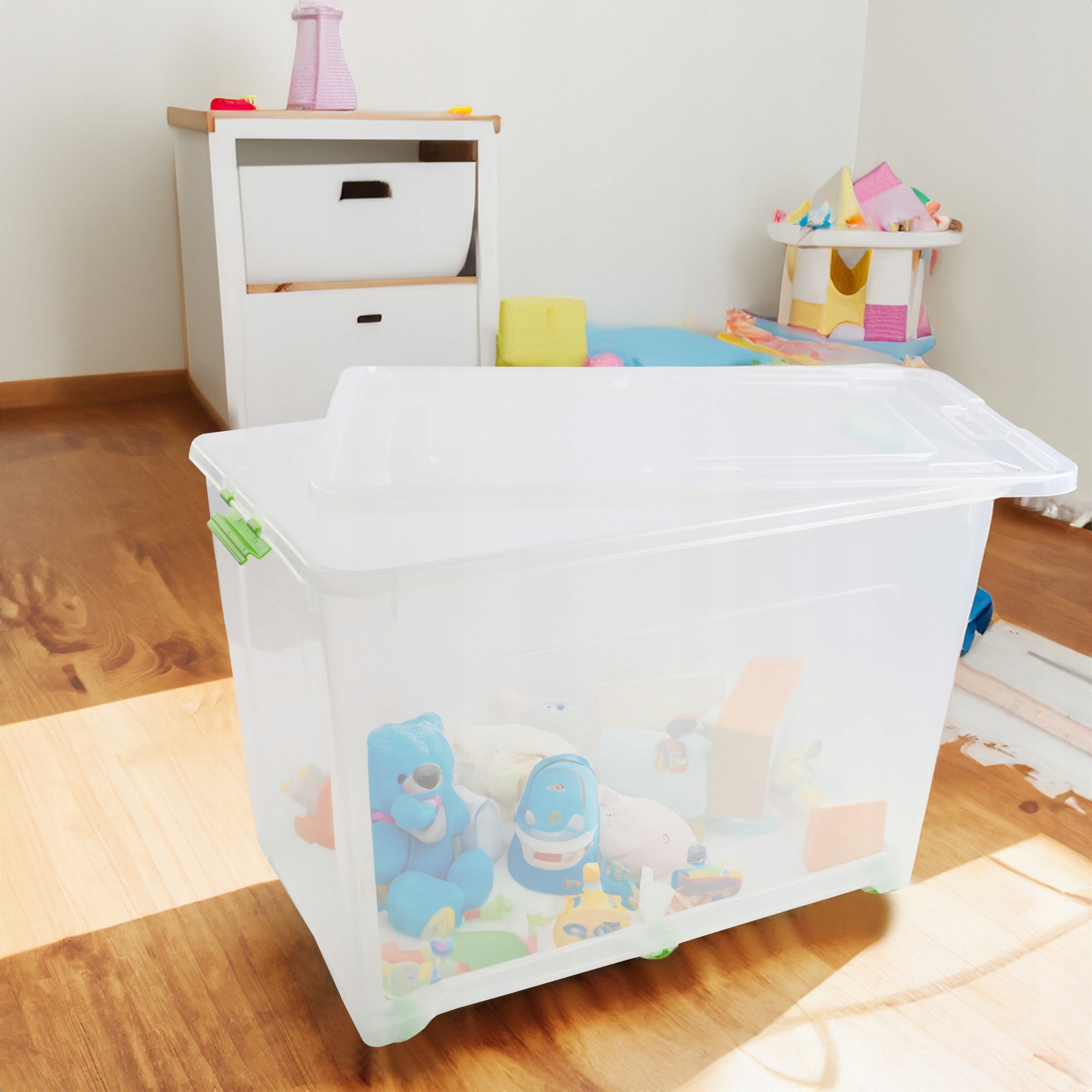 POJEMNIK PLASTIKOWY BOX 70L PRZEZROCZYSTY Z POKRYWKĄ SKRZYNIA NA KÓŁKACH