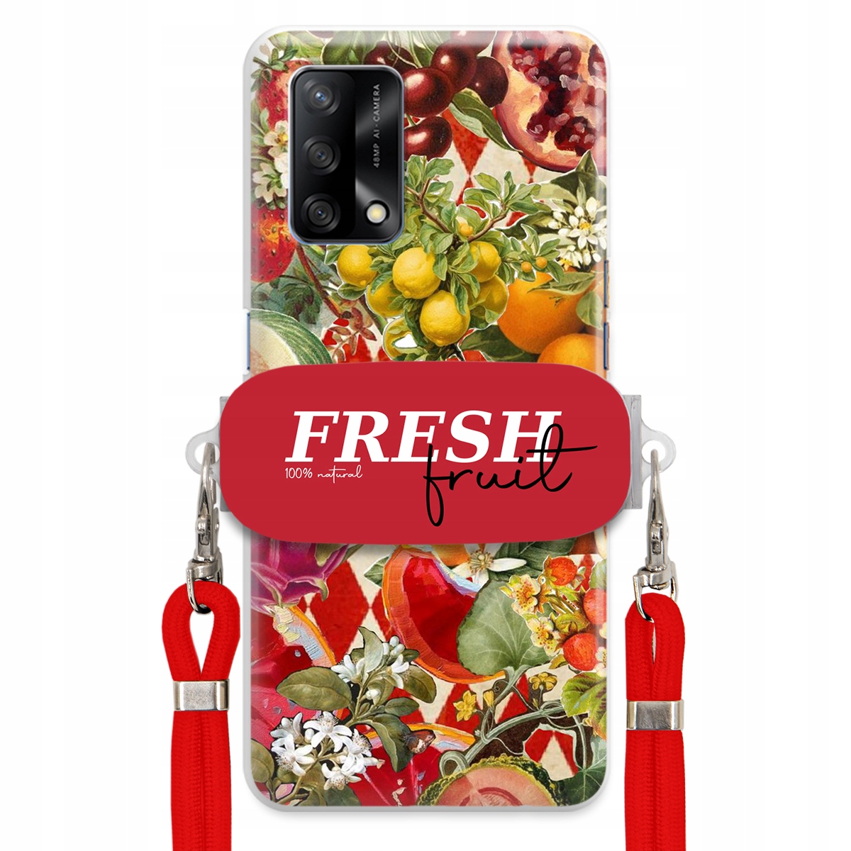Puzdro pre Oppo A74 4G Červené Crossbody vodítko držiak Fresh Fruit Ovocné