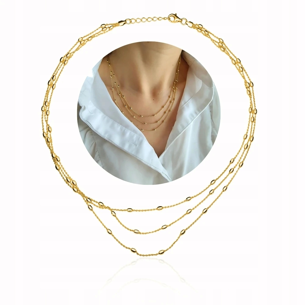 Pozlacený Náhrdelník Tři Řetízky S Kuličkami Stříbro 925 45 CM Večerní