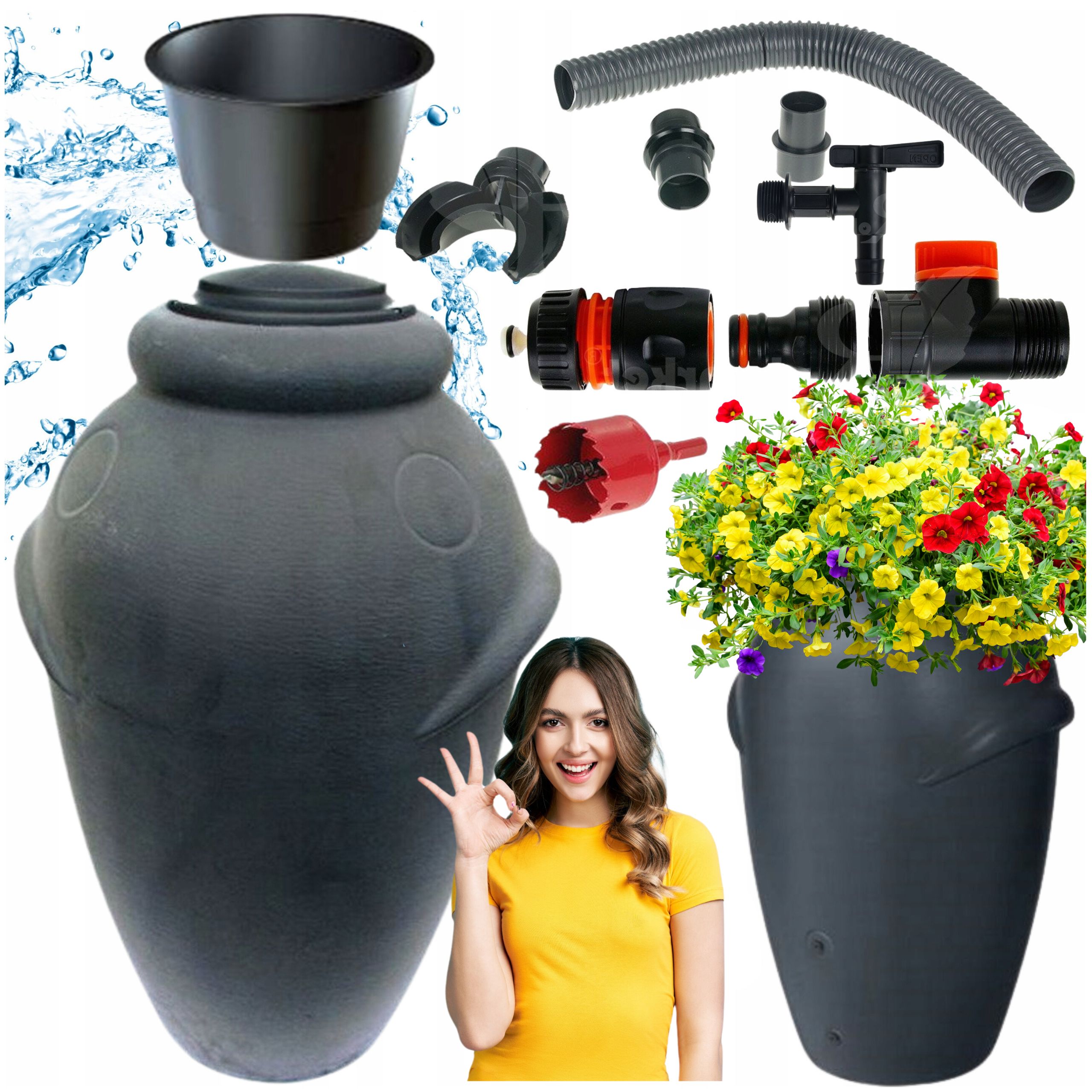 Pojemnik BECZKA ZBIORNIK na deszczówkę 360L ZESTAW PRZYŁĄCZY kran ŁAPACZ