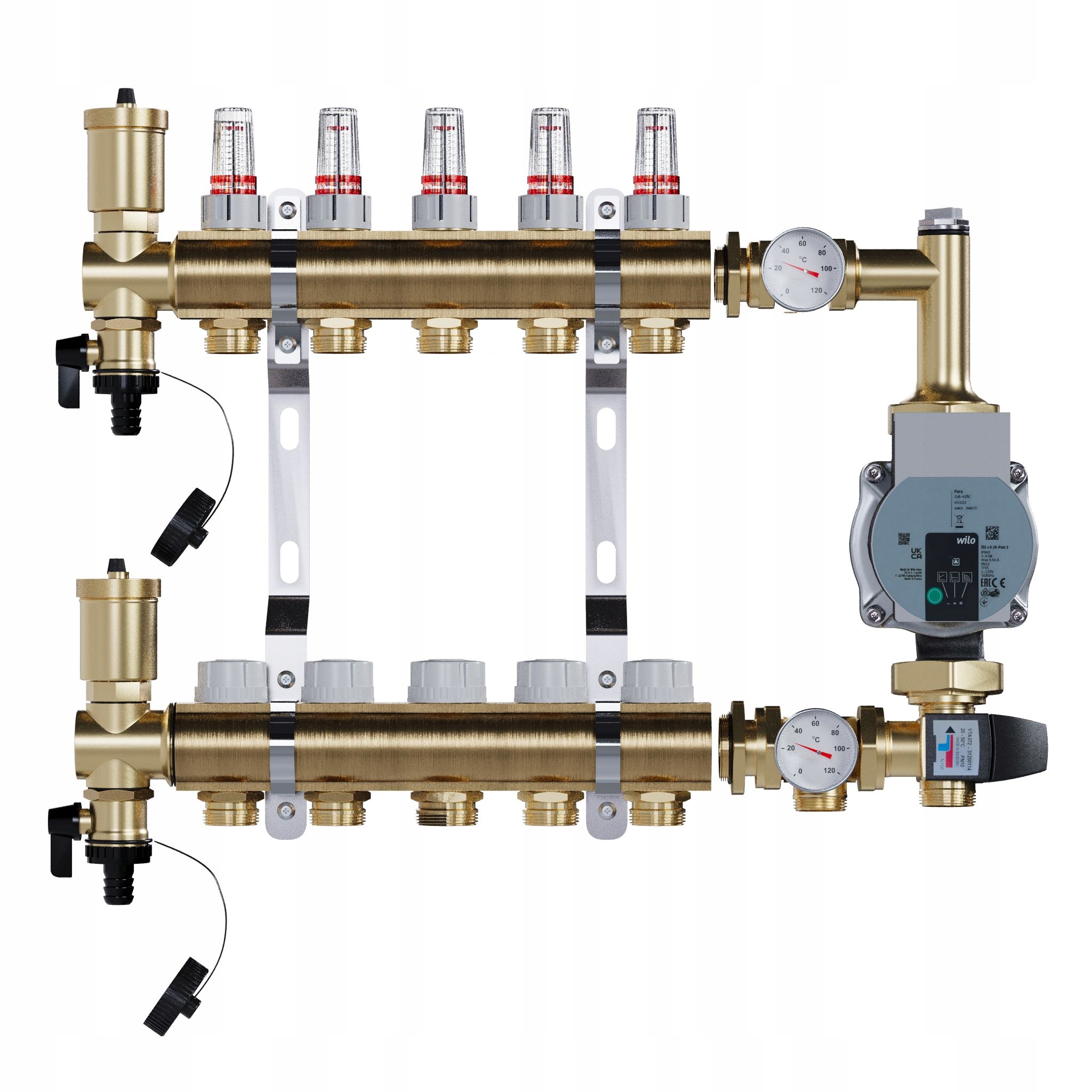 Rozdělovač pro podlahové topení 5 mosazných sekcí Čerpadlo Wilo