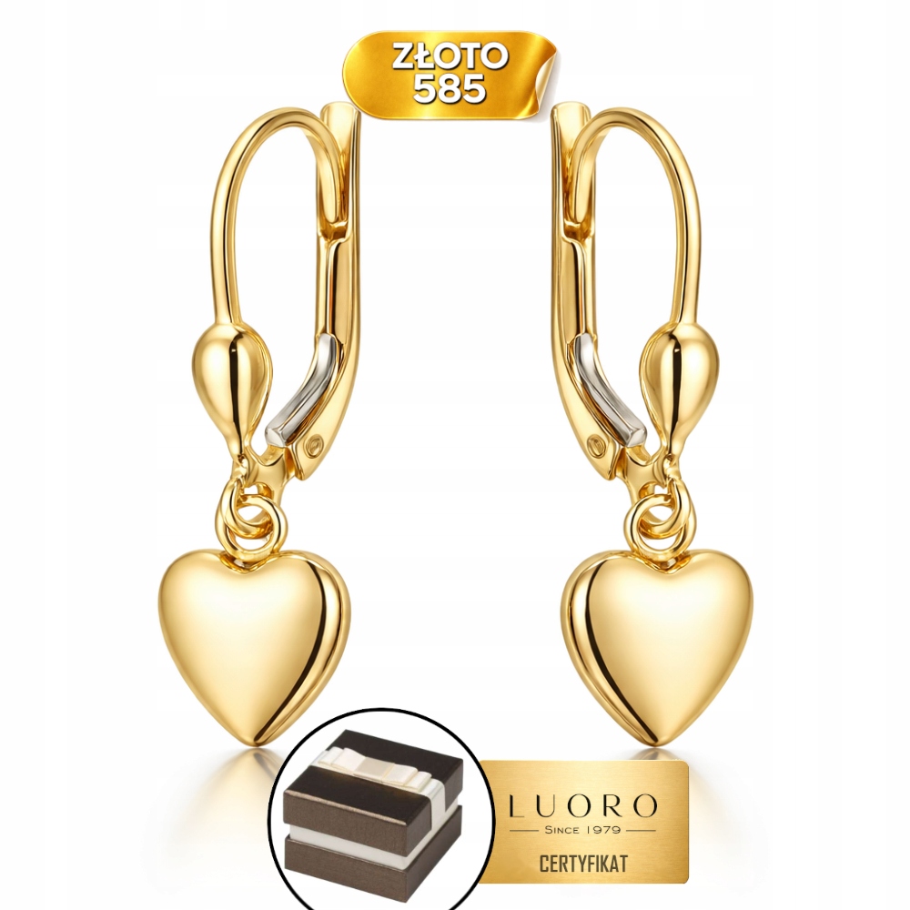 Náušnice Zlaté 585 14K Srdce Zavěšené Na Anglickém Zapínání 23 MM