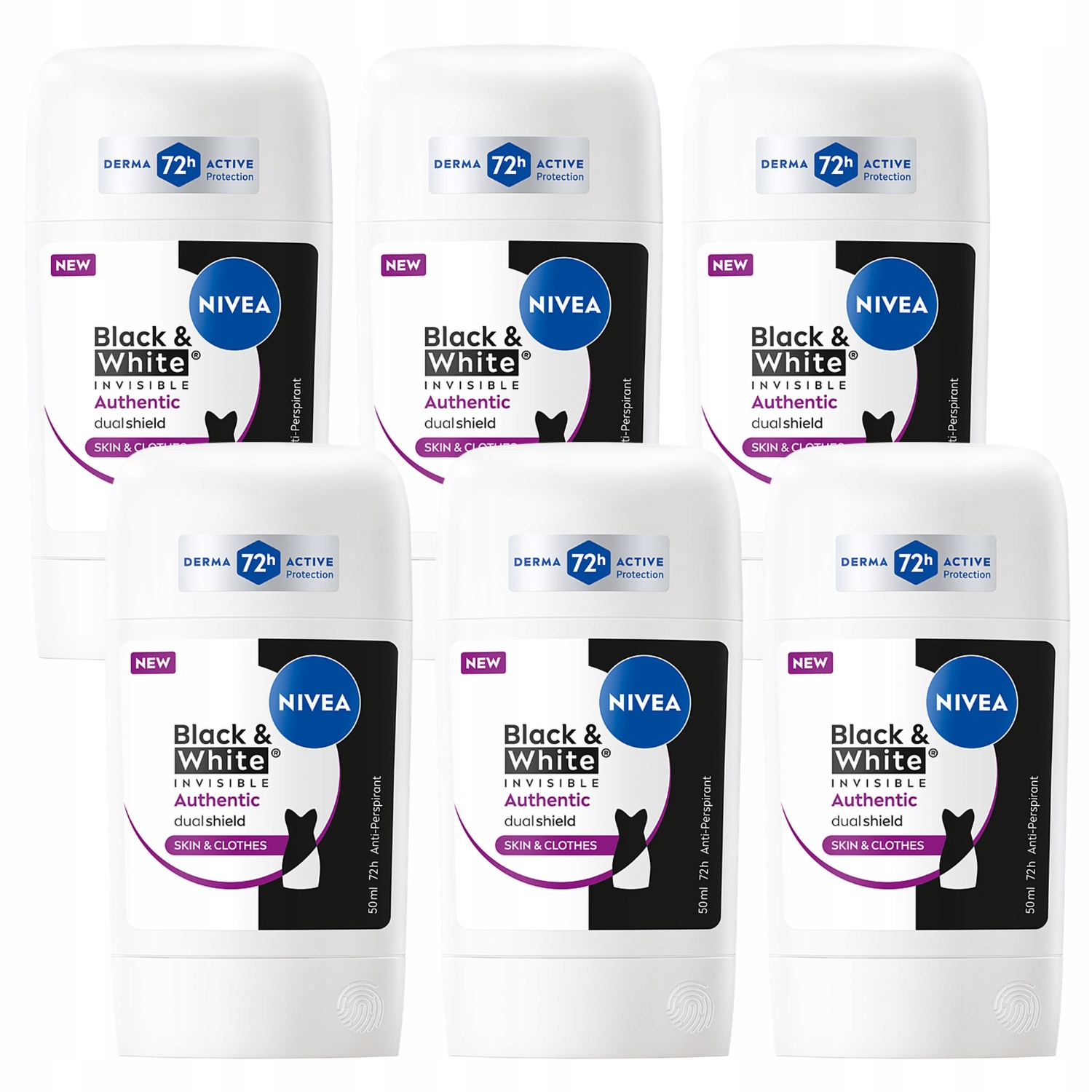 Nivea Black&White Authentic Damski Antyperspirant w sztyfcie 72h 50ml x6