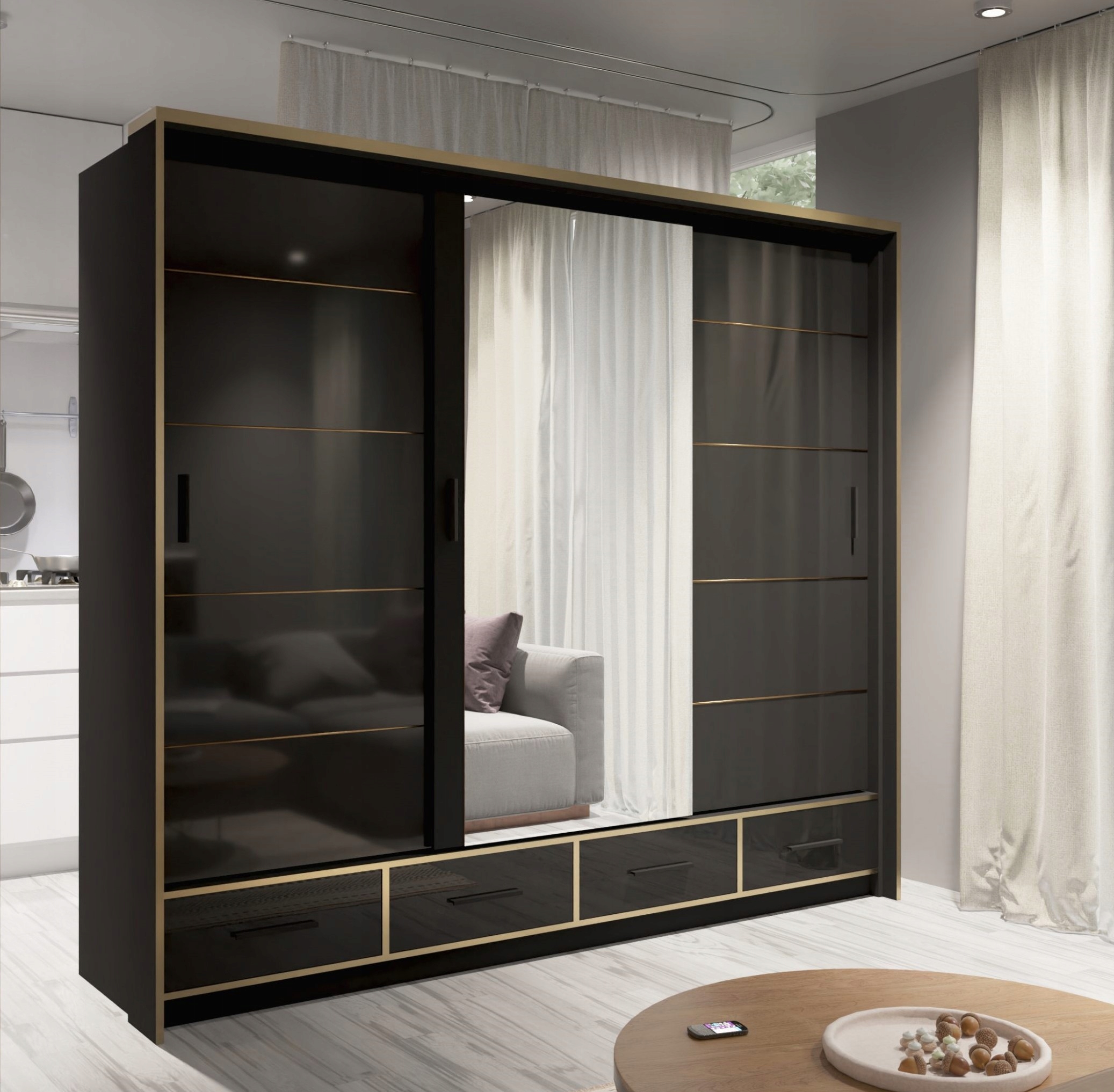 SZAFA TRZYDRZWIOWA SALSA CZARNA 253x66x220 POŁYSK