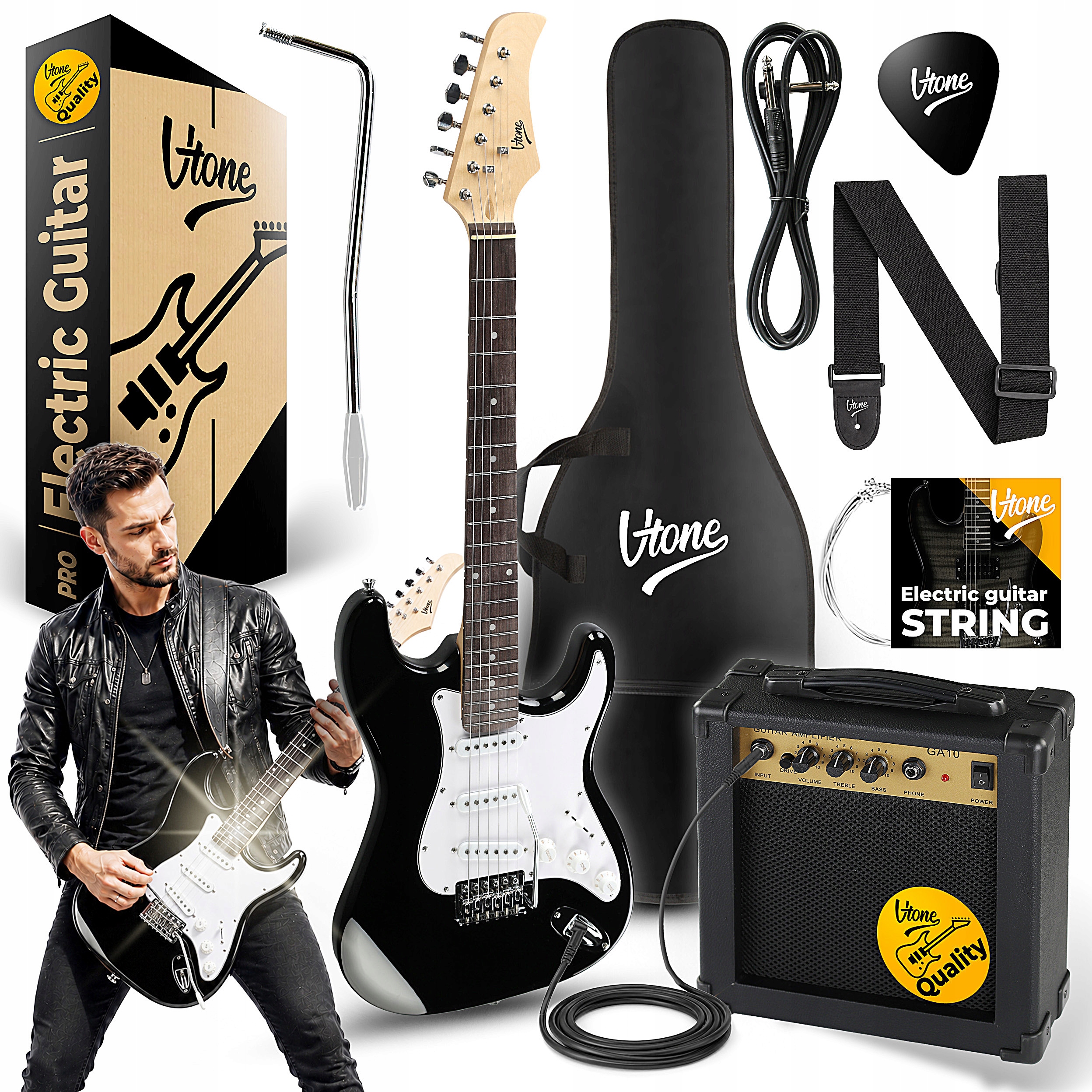 Elektrická Kytara Stratocaster 4/4 Sada Zesilovač Pásek Kostka Černá