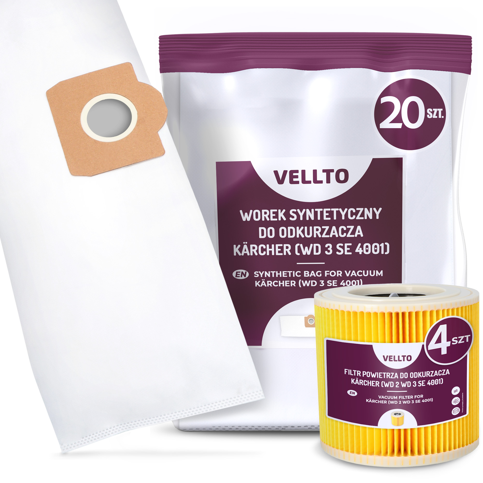 20 x Sáček Do Vysavače Karcher WD3 SE4001 MV3 WD2 Plus V17 V12 4x Filtr E3