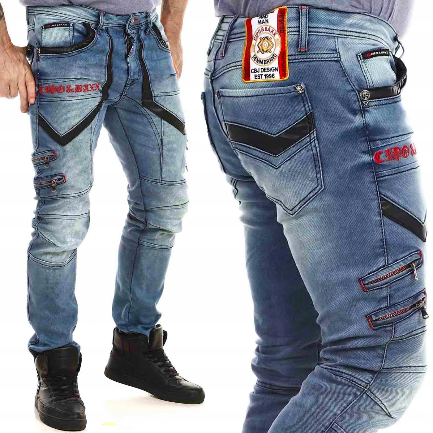 Pánské kalhoty Džíny Kůže Biker Vyšívané Elastické