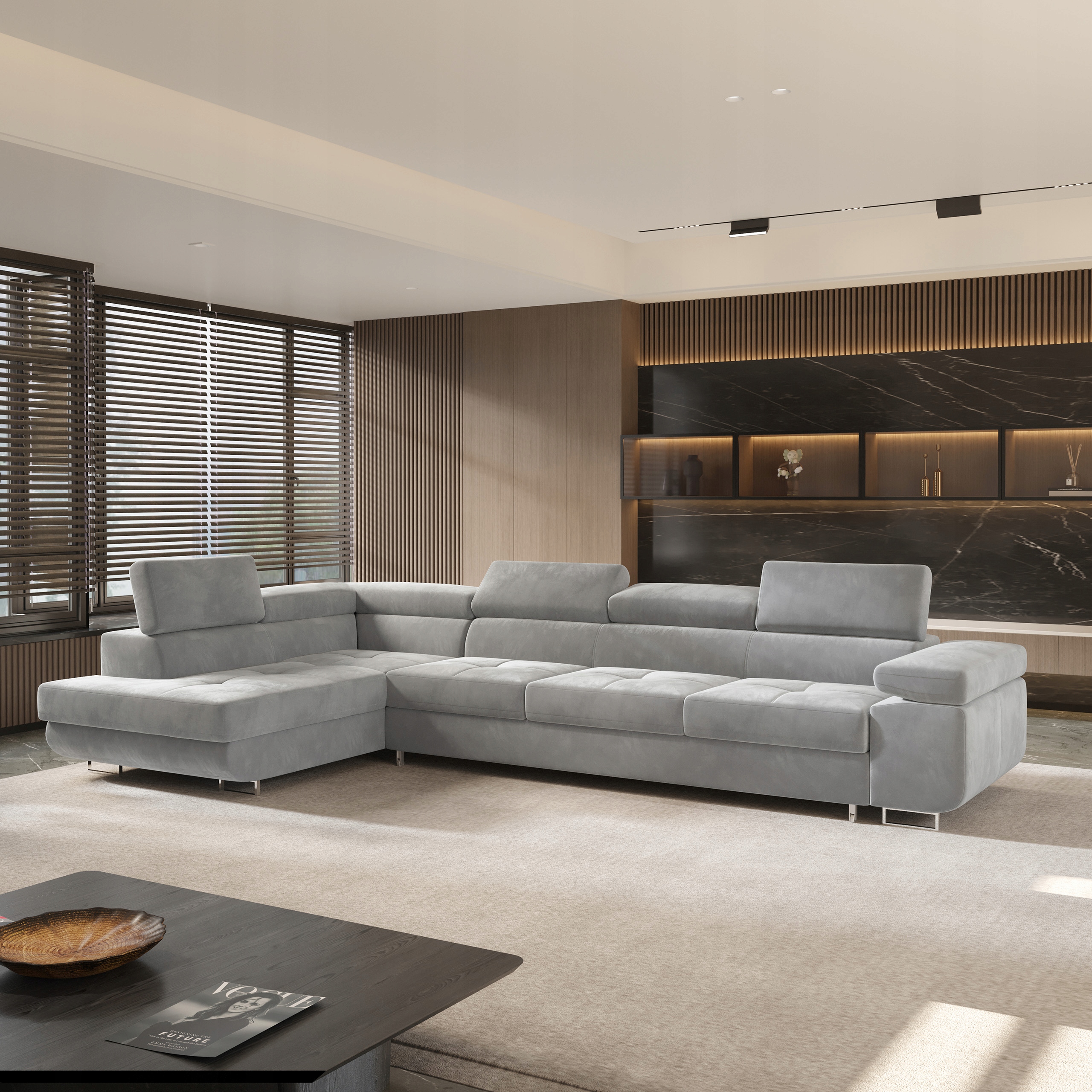 Rohová Sedací Souprava Vicente Funkce Spania Glamour Velur Světle šedá