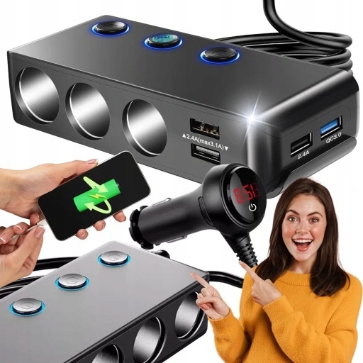 ROZDZIELACZ ROZGAŁĘŹNIK GNIAZDA ZAPALNICZKI 12-24V 4xUSB QC PD + ŁADOWARKA