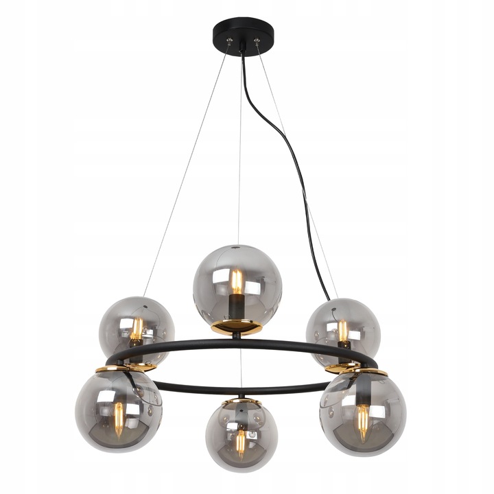 Osvětlení s kulovitými stínítky kolem prstence se zlatou sponou Aura