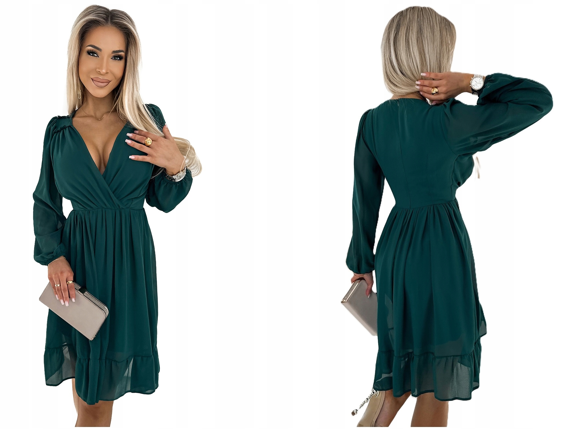 Jemná Šifonová Šaty S Dlouhým Rukávem Lahvově Zelená Barva M