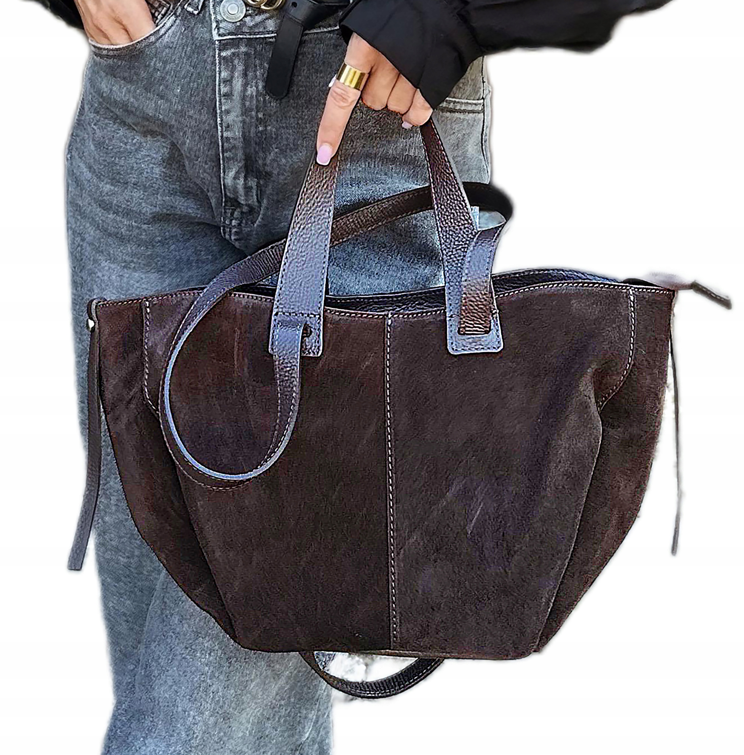 Hnědá dámská kabelka Shopper semišová čokoládová přes rameno, prostorná