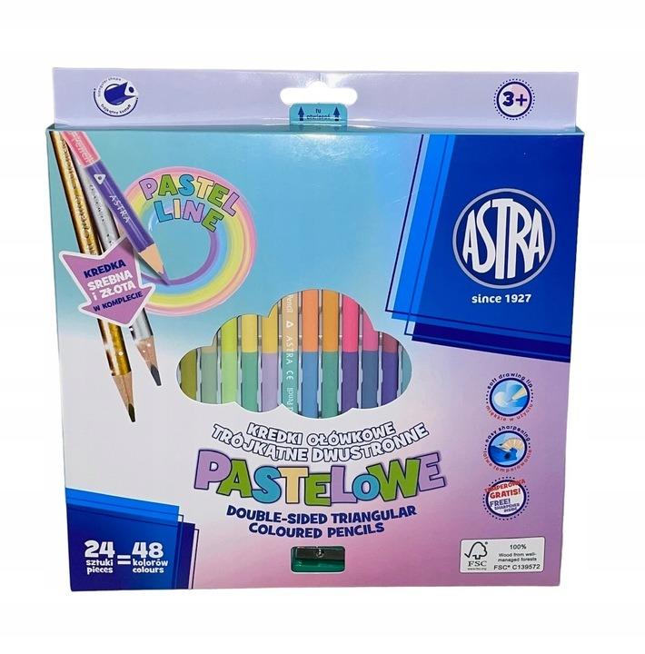 KREDKI OŁÓWKOWE PASTELOWE DWUSTRONNE TRÓJKĄTNE 48 KOLORÓW + TEMPERÓWKA ASTR