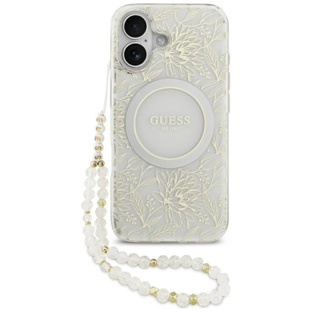 Pouzdro Guess IML Flowers Electro Pearl Strap MagSafe pro Apple iPhone 17, bílé