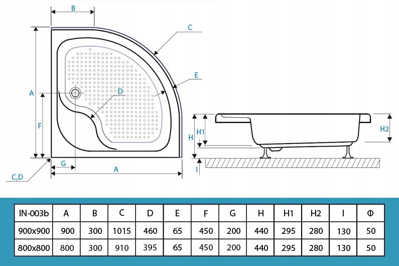 WYSOKI GŁĘBOKI BRODZIK 80x80 cm półokrągły + syfon Marka Inea