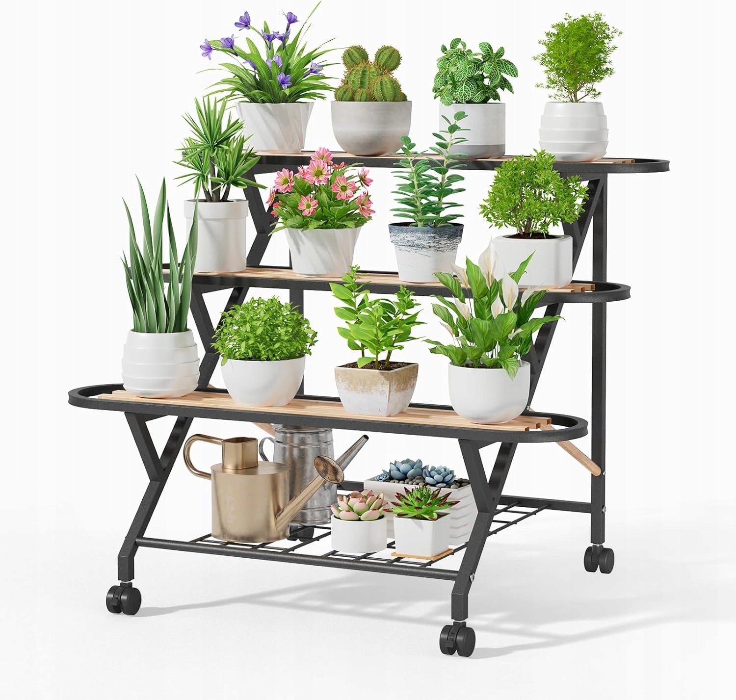 iDavosic.ly stojan na kvety 3-úrovňový kovový s kolieskami rohový, čierny